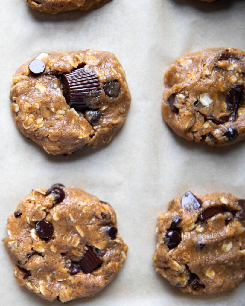 double peanut butter cup cookies, on tray before cooking