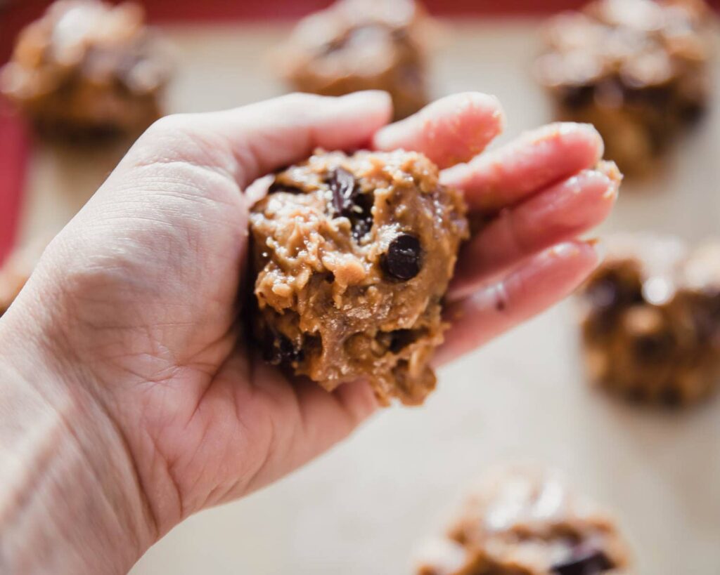 double peanut butter cup cookies, dough in a ball
