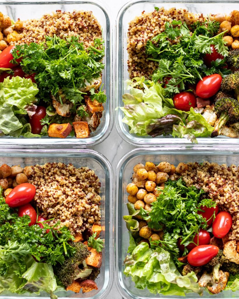 four roasted veggie lunch bowls