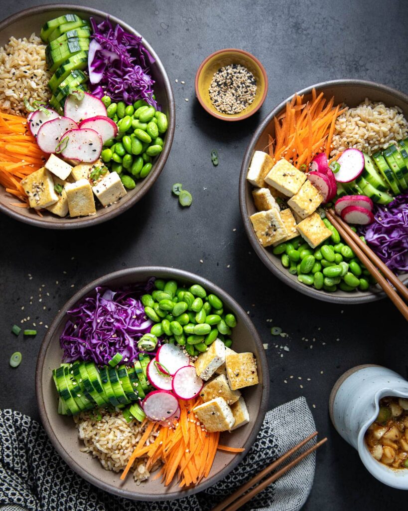 loaded plant-based poke bowls, 3 bowls